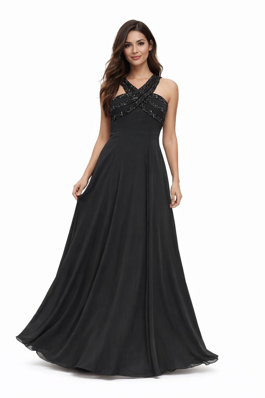 Diane Freis Halter Hand Beaded Maxi Dress Black Size L